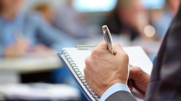 Note taking with pen on notepad in meeting or lecture setting photo