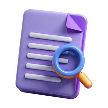 A 3d render of a document with a magnifying glass, symbolizing research, investigation, and the search for information and analysis of data isolated on transparent background png