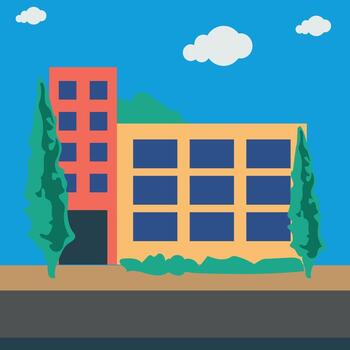 Stylized Two-Story Building Surrounded by Trees Against a Bright Blue Sky with Fluffy White Clouds Overhead in a Simple Graphic Design vector