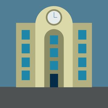 Flat Illustration of a Government Building Featuring a Clock on Top and Many Windows on the Facade vector