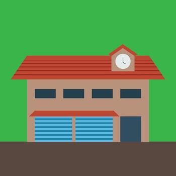 Illustration of a Two Story Building with a Clock Tower and Two Garage Doors in Flat Design Style vector