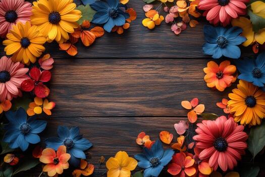 A circle of colorful flowers on a dark wooden background, creating a frame for a message. photo