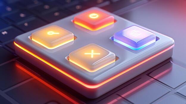 Four glowing buttons with symbols on a keyboard, representing choices or options. photo