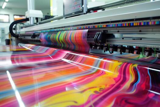 Large format printing machine with colorful abstract pattern on the roll. photo
