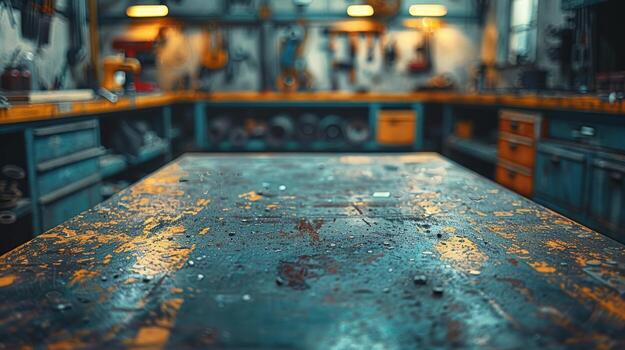 Empty workbench in a cluttered workshop with tools and equipment in the background. photo