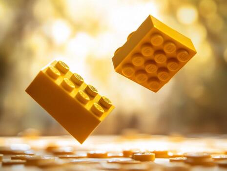 Two yellow plastic building blocks levitate above a surface of smaller blocks, creating a vibrant and playful image. photo