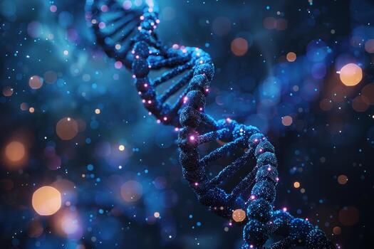 A 3D rendering of a DNA double helix with a blue and purple color scheme. The helix is illuminated with glowing particles, giving it a shimmering and ethereal appearance. photo