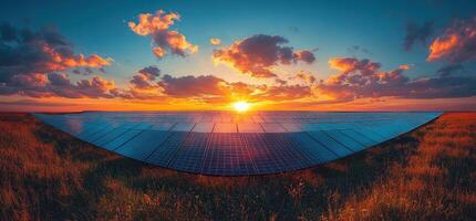 solar paneles a puesta de sol con nublado cielo. foto