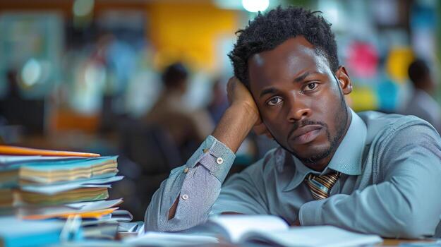 Man at desk with paper stacks and book in office setting photo