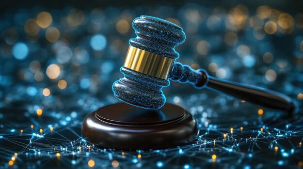 A gavel on a sound block with a digital network behind it, representing the digital justice system. photo