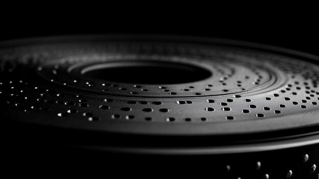 Closeup of a dark, circular metal object with numerous small holes, exhibiting a textured surface and subtle depth of field. photo
