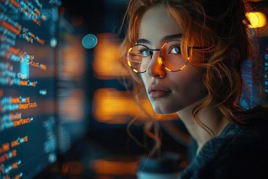 Woman coding on computer screen with artificial intelligence photo