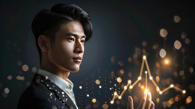 Man interact with glowing business graph and technology photo