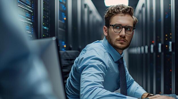 Server room technician working with data in technology environment photo