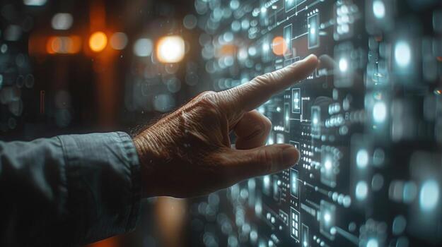 A hand points to an interactive digital display filled with data and icons. photo