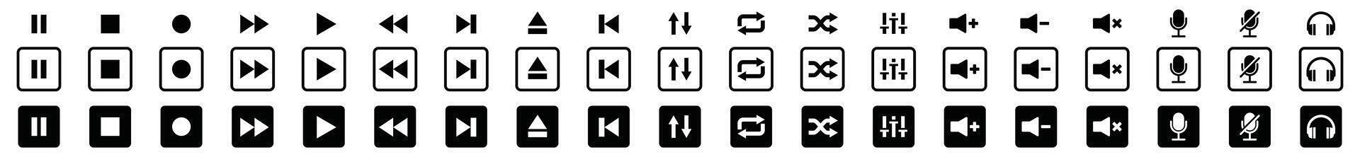 Music play button icons. Media player. Multimedia control. Contains start, play, stop, pause, previous, next, shuffle, repeat, record, mic, volume, headphone, equalizer. Illustration vector