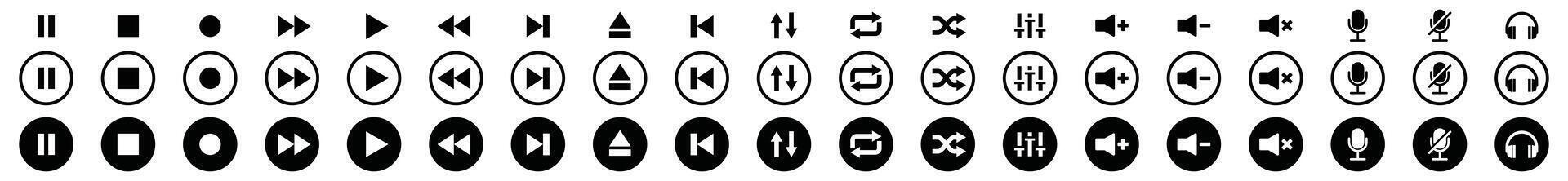 Play button music media player icons set. Multimedia control. Contains start, play, stop, pause, previous, next, shuffle, repeat, record, mic, volume, headphone, equalizer. Illustration vector