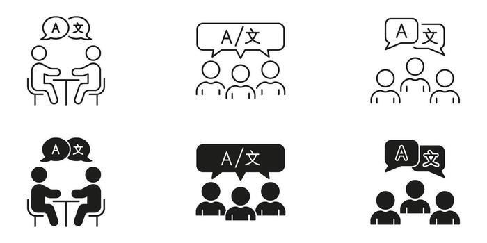Language Exchange And Cultural Dialogue. Language Translation And Communication Line And Solid Icon Set. Multilingual Interaction And Interpretation Symbol Collection. Isolated Illustration vector