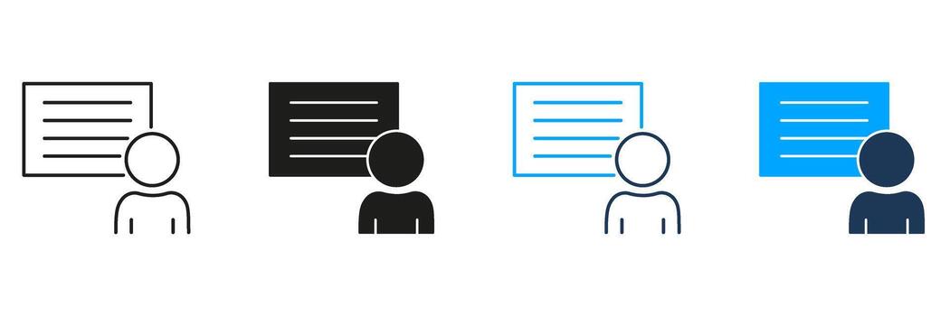 persona con presentación tablero línea y sólido icono colocar. educativo capacitación, seminario, y conferencia símbolo recopilación. profesional desarrollo y aprendiendo. aislado ilustración vector