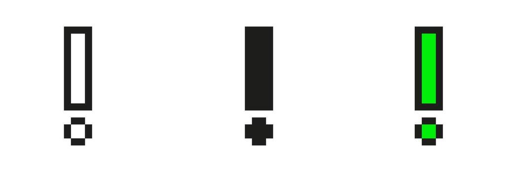 Exclamation Mark Pixel Art Icon Set. Alert And Notification Symbol Collection. Black And Green Exclamation Marks In Pixelated Style. Isolated Illustration vector