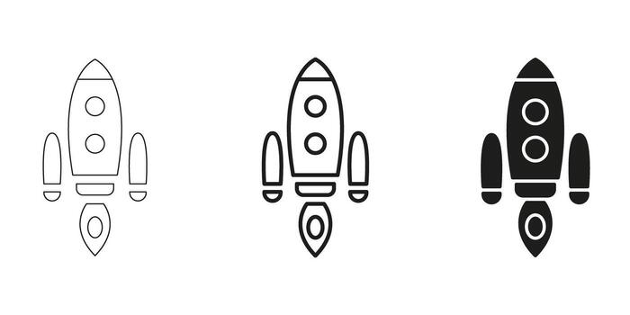 Rocket Launch In Line, Outline, And Glyph Icon Set. Space Exploration, Innovation, And Technology Advancement Symbol Collection. Futuristic And Aerospace Design. Isolated Illustration vector