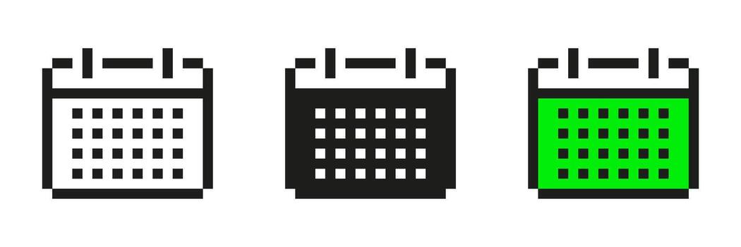 Pixel Art Calendar Icon Set. Scheduling And Time Management Symbol Collection. Includes Black And Green Variations For Planning And Organization. Isolated Illustration vector