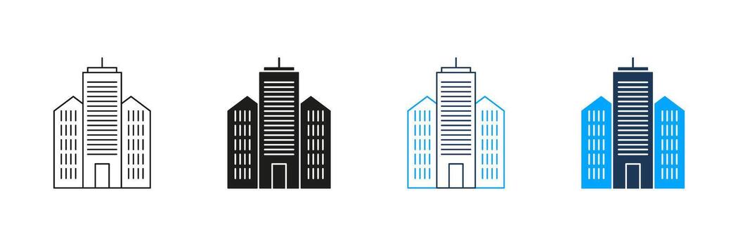 rascacielos edificio línea y sólido icono colocar. urbano arquitectura, paisaje urbano, y real inmuebles desarrollo símbolo recopilación. moderno infraestructura diseño. aislado ilustración vector