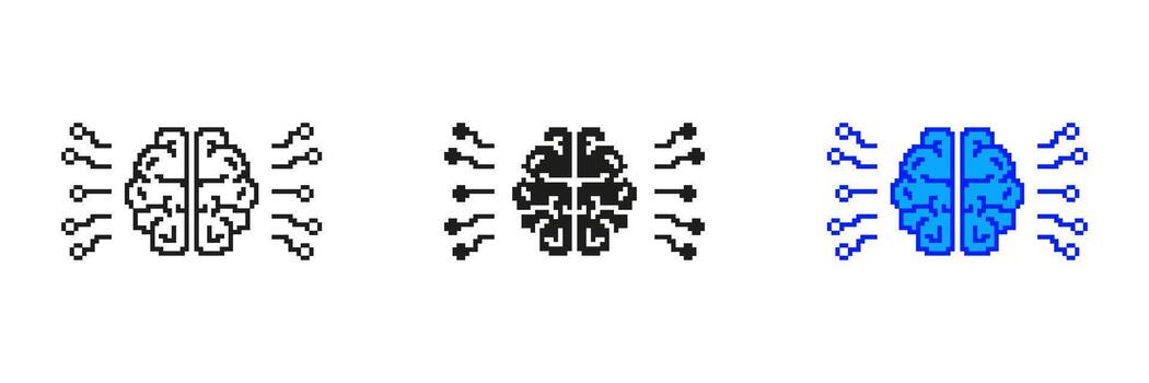 Pixelated Brain Icon Set with Neural Connections. Digital Brain and Data Flow Symbol in Pixel Art Style. Neural Network and Intelligence Symbol. Isolated Illustration vector