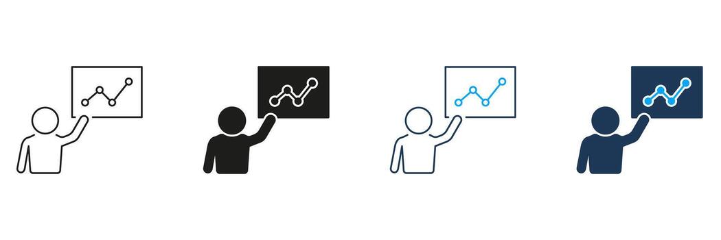 Person Presenting Graph Line And Solid Icon Set. Data Analysis, Business Presentation, And Statistical Reporting Symbol Collection. Professional Communication. Isolated Illustration vector