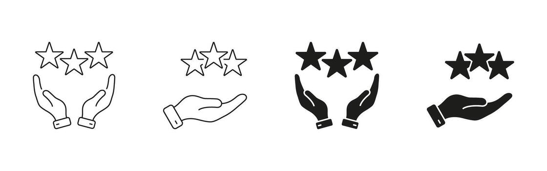 Hands Holding Stars Line And Solid Icon Set. Customer Satisfaction, Quality Assurance, And Excellence Symbol Collection. Service Rating And Feedback Representation. Isolated Illustration vector