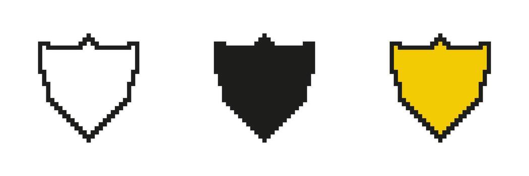 Shield Icon Set in Pixel Art. Pixelated Symbol of Defense and Safety in Digital Form. Isolated Illustration vector