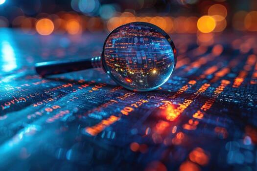 A magnifying glass focuses on a city skyline reflected in its lens, set against a background of binary code, representing the intersection of technology and urban life. photo