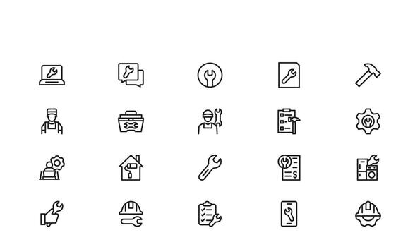 Repair and Fix line Design featuring editable, pixel-perfect tools and symbols. Includes professional, minimal, and modern illustrations ideal for repair themes. vector