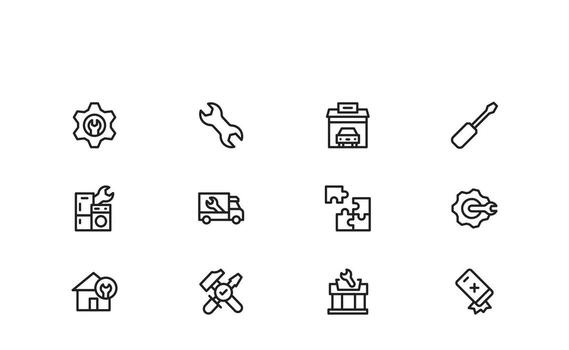 Repair and Fix line icon set featuring editable, pixel-perfect tools and symbols. Includes professional, minimal, and modern ideal Gear Setting for repair themes. vector