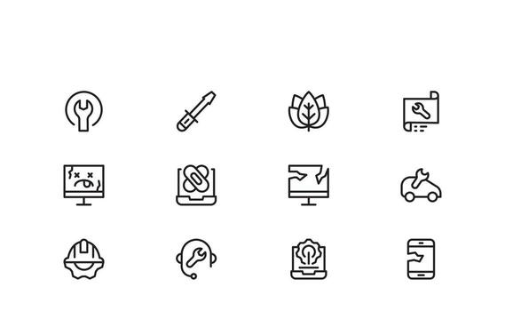 Repair and Fix line icon Collection featuring editable, pixel-perfect tools and symbols. Includes professional, minimal, and modern illustrations ideal for repair themes. vector