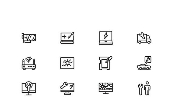 Repair and Fix line icon set featuring editable, pixel-perfect tools and symbols. Includes professional, minimal, and modern ideal for repair themes.Icon set vector