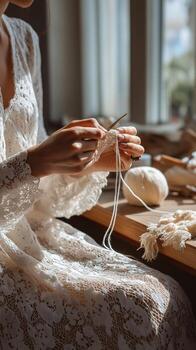 Close-up of hands crocheting white lace by the window in soft natural light photo
