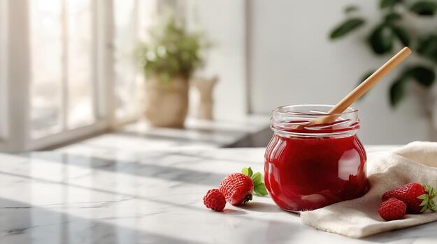 Jar of raspberry jam with fresh berries on a marble countertop in sunlight photo