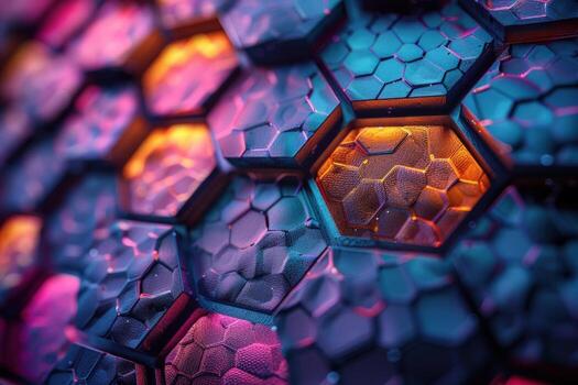 Abstract honeycomb pattern with neon light glowing through the structure. photo