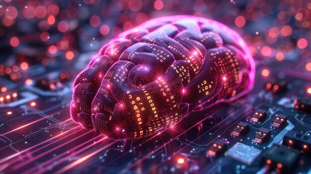 A glowing, digital brain rests on a circuit board, representing artificial intelligence. photo