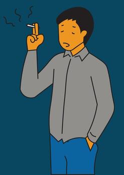 un hombre en pie y de fumar, un hombre con un cigarrillo y depresión mirar, masculino personaje de fumar tabaco, adecuado para libros y pancartas y educativo contenido, bueno para web diseño y juegos caracteres vector