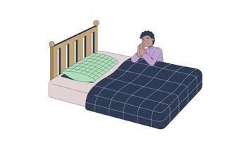 pacífico negro chico Orando con cerrado ojos a cama 2d personaje animación. africano americano masculino niño oración manos abrochado. devoto creyente arrodillado animado persona dibujos animados 4k aislado en blanco video