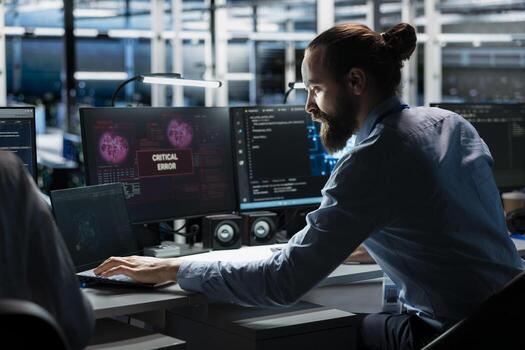 Data center technician using AI LLM assistant to fix critical errors affecting infrastructure. Server hub IT expert using large language model chatbot to eliminate computer bugs photo