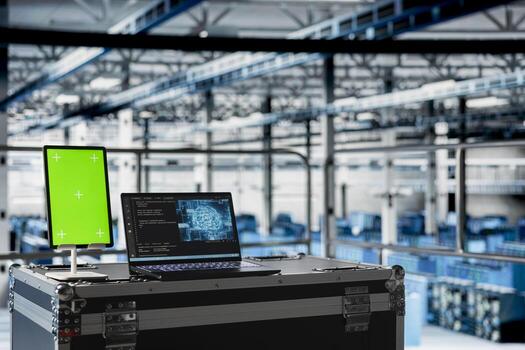 Close up of AI tech on laptop next to mockup tablet in server room handling queries. Artificial intelligence technology on notebook in data center next to green screen device photo