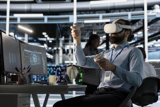 Data center worker wearing VR headset using artificial intelligence neural networks technology. Server farm software developer using AI programming language and virtual reality to update hardware photo