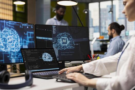 Admin using devices to adjust neural networks algorithms parameters, automating workflow. Tech company worker using artificial intelligence insights for code optimization in office photo