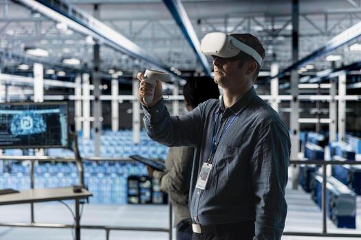 Server room worker simulating data center operations with VR headset and AI tech. Data center engineer using virtual reality technology and artificial intelligence to monitor server rigs photo