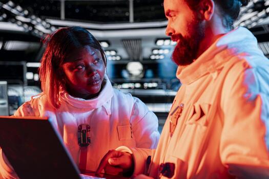 Orbit station colleagues doing brainstorming, using laptop to troubleshoot red light alert issue. Team of spaceship engineers using notebook to fix damaged equipment components affecting operations photo