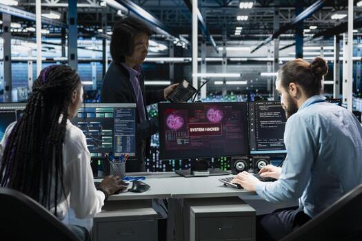 Server farm engineers seeing hacking warning, working to secure systems from cyberattack accessing confidential data. Team of data center IT experts fighting virus during security breach photo