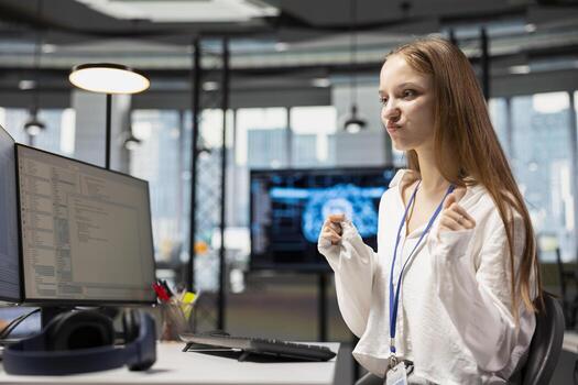 jubiloso hembra técnico celebrando después automatizando Tareas utilizando profundo aprendizaje algoritmos a trabajar. Encantado joven niña satisfecho después utilizando ai impulsado perspectivas para código mejoramiento foto
